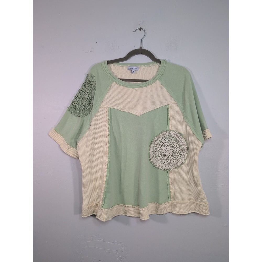 Sage + Fig Boxy Short Sleeve Top Size M Green & Cream Babydoll Shirt Boho Floral